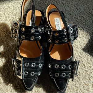 Steve Madden Black Slingback Heels with Silver Buckles